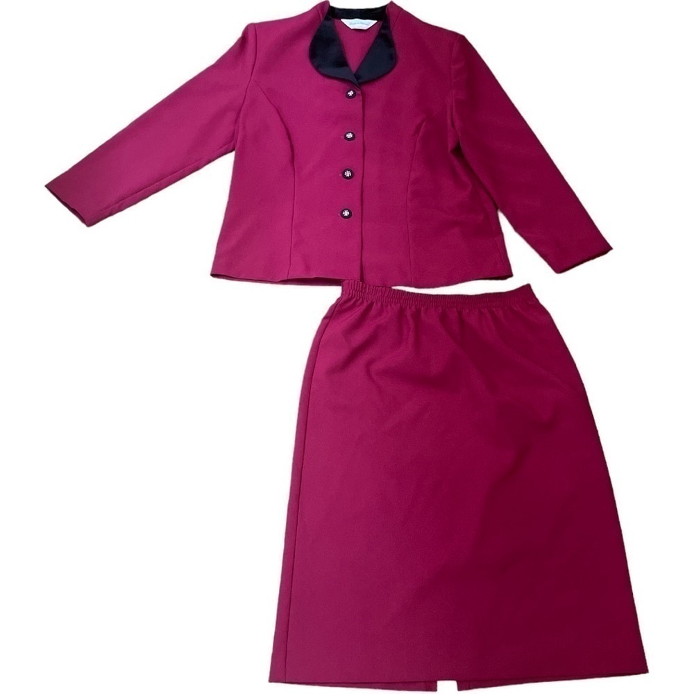 Elizabeth Williams Vintage Pink Velvet Collar Skirt Suit Set Size 12